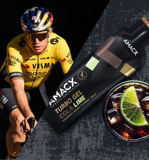 A cyclist wearing a yellow and black outfit and a helmet is riding a bike on the left. On the right, there is a black and green sports gel packet labeled "Turbo Gel | 12-pack" by Amacx with a glass of cola and lime beside it, ideal for energy supply from reliable carbohydrate sources.