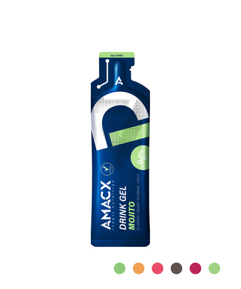 A blue and green sachet of Amacx Drink Gel from the 12-pack, featuring Mojito flavor. The packaging highlights a 30g carbohydrate ratio with 0% added sugars, along with Vitamin C and electrolytes. Color swatches of green, orange, pale blue, pink, and dark gray are displayed below the sports gel sachet.