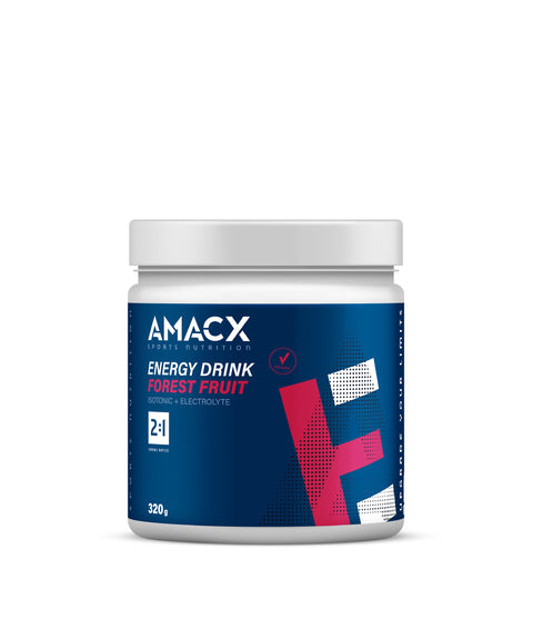 The image displays a container from the Amacx Giro d'Italia package, ideal for cycling tours. The predominantly blue container features white and red accents. It includes text indicating that it is an isotonic drink with electrolytes and has a weight of 320 grams.