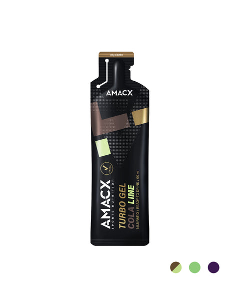 A black, single-serving sports gel packet labeled "Amacx" containing Turbo Gel with caffeine for active energy. The packet features modern geometric designs in gold, green, and purple colors and is designed for fitness enthusiasts seeking a reliable energy supply from efficient carbohydrate sources.
