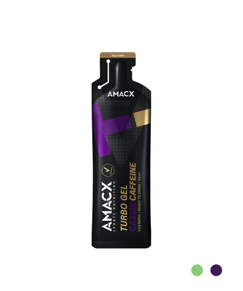 A sachet of Amacx Turbo Gel from the 12-pack features a sleek black and purple design, prominently displaying "For All Natural Athletes" and "Caution: Caffeine." This sports gel offers essential carbohydrate sources for optimal energy supply. The upright sachet has a tear-off top with distinctive green and purple dots at the bottom right.