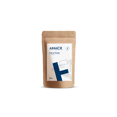 A brown, stand-up pouch labeled "AMACX Fructose" with a modern design in blue and white. The package displays a stylized "F" and a small checkmark icon. The label indicates a weight of 1.0 kg. The pouch is centered on a white background.