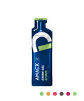 A blue sachet from a 12-pack labeled "Amacx Drink Gel Citrus" with a green cap. The sachet features a white logo resembling a curved line and text indicating it contains 60 ml. This sports gel, designed with an optimal carbohydrate ratio, also displays five small circles in green, orange, black, pink, and brown below the image.