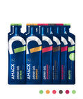 Image of five Amacx branded Drink Gel packs from a 12-pack, featuring a variety of flavors: Citrus, Orange, Strawberry, Cola Caffeine, and Mojito. These blue packs have color-coded tops to indicate each flavor and display a weight of 60g. Ideal for athletes who require a balanced carbohydrate ratio in their sports gel.