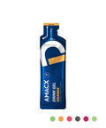 A blue packet labeled "Amacx Drink Gel Orange" with 60 ml content, emphasizes its role as a nutrition product for athletes. The packet includes a yellow top tab and features four color circles in green, orange, red, and brown at the bottom right corner. It offers an optimal carbohydrate ratio to effectively replenish energy during sports activities.