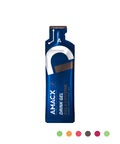 A blue Amacx Drink Gel pouch labeled "Drink Gel Cola + Caffeine," featuring a striking white and brown design with an attached cap. Beneath the pouch, five colored dots—green, red, orange, black, and magenta—are displayed. This sports gel is part of a 12-pack offering an optimal carbohydrate ratio for sustained energy.
