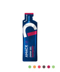 A 60 ml packet from the Amacx Drink Gel 12-pack in Raspberry flavor, perfect as a sports gel. The design is predominantly dark blue with white, pink, and red accents. The top is red with text indicating it contains 24 grams of carbs for an optimal carbohydrate ratio. Also displayed are five small colored circles at the bottom.