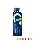 A blue and green sachet of Amacx Drink Gel from the 12-pack, featuring Mojito flavor. The packaging highlights a 30g carbohydrate ratio with 0% added sugars, along with Vitamin C and electrolytes. Color swatches of green, orange, pale blue, pink, and dark gray are displayed below the sports gel sachet.