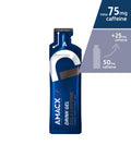 A blue packet labeled "Drink Gel | 12-pack" by Amacx featuring a white and blue gradient design. The sports gel specifies "75 mg caffeine" and "cola caffeine flavor," with an additional graphic indicating a 25 mg increase in caffeine content compared to the previous version that contained 50 mg.