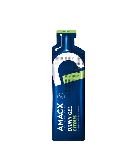 A sachet of Amacx Endurance Bundle, featuring a blue design with a green pull tab at the top and white and green text, contains 60 milliliters. The packaging is designed for easy consumption, making it ideal for sports nutrition enthusiasts looking to maintain their energy levels.