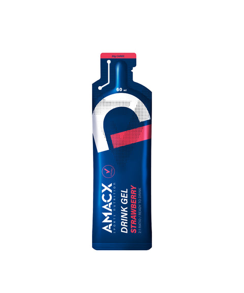 A blue and red packet of Amacx.com Giro d'Italia drink gel with a forest fruit flavor. The 60 ml packet features the product name, a graphic of a stylized drop, and is designed for easy consumption with a tear-off top—perfect for cycling tours.