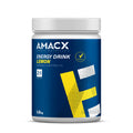 A 1 kg container of Amacx.com AMACX Sports Nutrition Energy Drink in Lemon flavor. The blue label with white and yellow accents features the text "Isotonic + Electrolyte," "Vegan," and "2:1." Designed to boost your energy levels, it’s part of the Amacx Endurance Bundle. The container has a white lid.