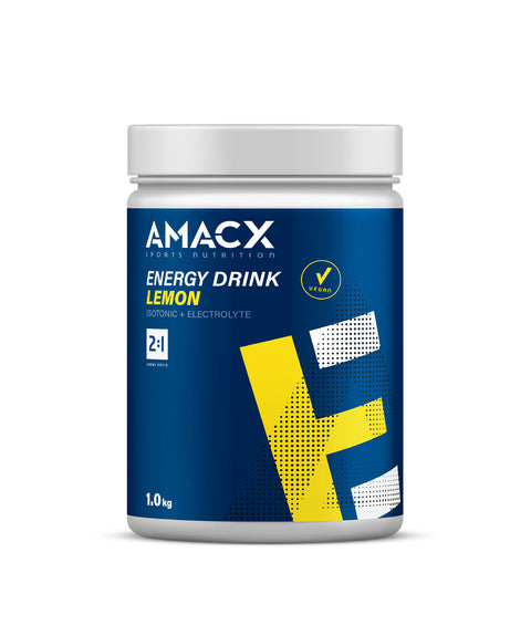 A 1 kg container of Amacx.com AMACX Sports Nutrition Energy Drink in Lemon flavor. The blue label with white and yellow accents features the text "Isotonic + Electrolyte," "Vegan," and "2:1." Designed to boost your energy levels, it’s part of the Amacx Endurance Bundle. The container has a white lid.