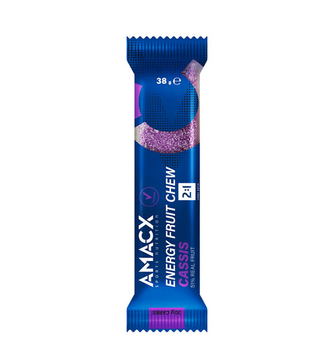 A blue and purple wrapper labeled "AMACX ENERGY FRUIT CHEW" with "38g" and "CASSIS 35% REAL FRUIT" prominently displayed. The wrapper features an image of a purple fruit chew along with additional white text. Perfect for boosting your energy levels, it's an essential part of the Amacx.com Endurance Bundle.