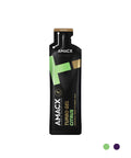 A black sachet labeled "Turbo Gel | 12-pack" by Amacx, featuring a stylized green cross design and gold highlights, is crafted for easy tearing and consumption. This sports gel provides quick carbohydrate sources for energy supply. At the bottom right corner, two small dots in green and purple are visible.