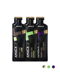 Three Amacx Turbo Gel pouches, ideal for boosting energy during rigorous workouts, are displayed side by side. Available in Cola Lime, Citrus, and Cassis Caffeine flavors, each pouch showcases a sleek black design with accents matching the flavor on a white background. These sports gels are superb sources of carbohydrates.